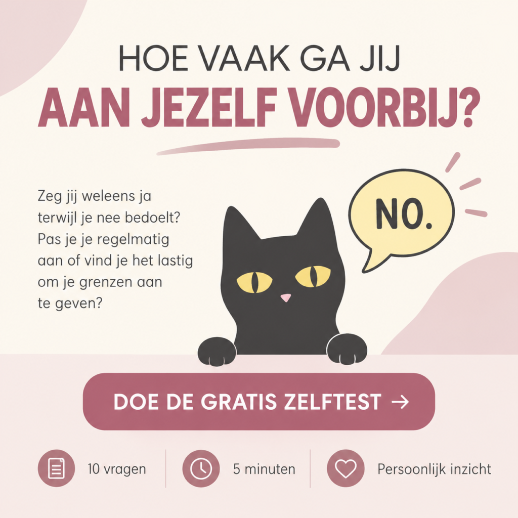 Illustratie van een zwarte kat met tekstballon 'NO.' bij de gratis zelftest 'Hoe vaak ga jij aan jezelf voorbij?'